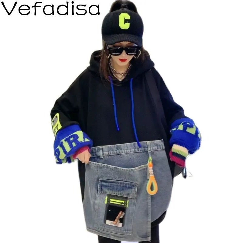

Vefadisa Fashion Denim Stitching Contrast Sweatshirt 2022 Spring New Velvet Hooded Mid-length Sweatshirt Women TT993