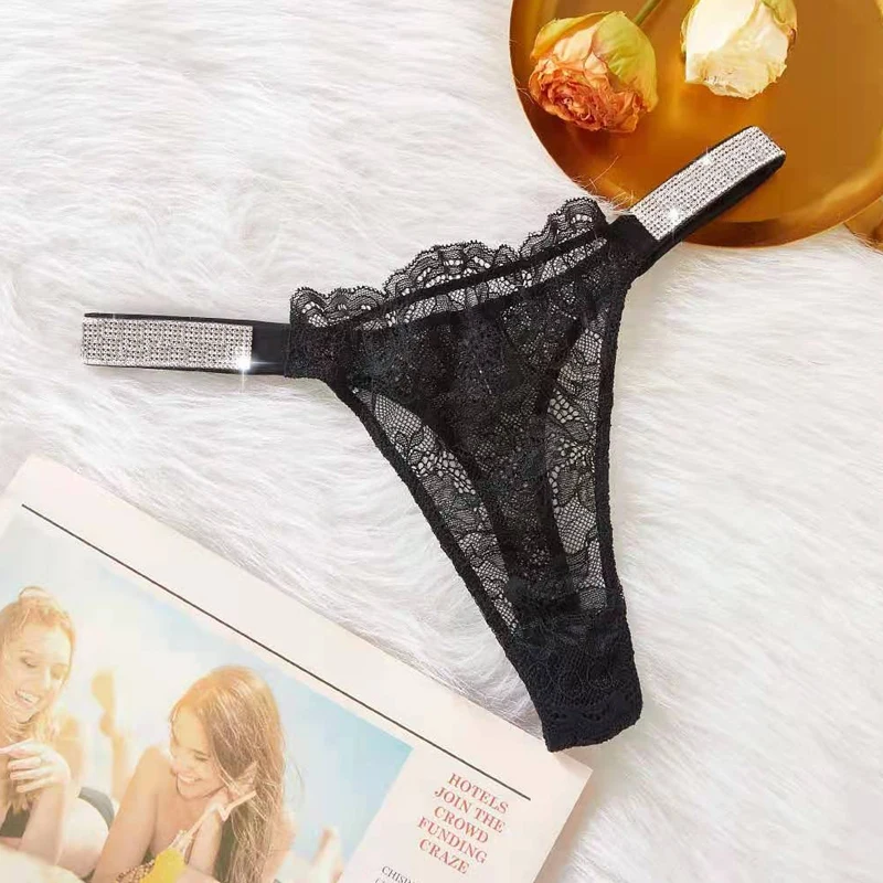 

Sexy Transparent Lace Thong Rhinestone Panties Pink Women Comfort Seamless Underwear Briefs Plus Size Low Rise Lingerie G String