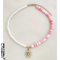 2021 trendy rhinestone flower soft pottery choker necklace for women adjustable imitation pearls beaded necklace jewelry beach