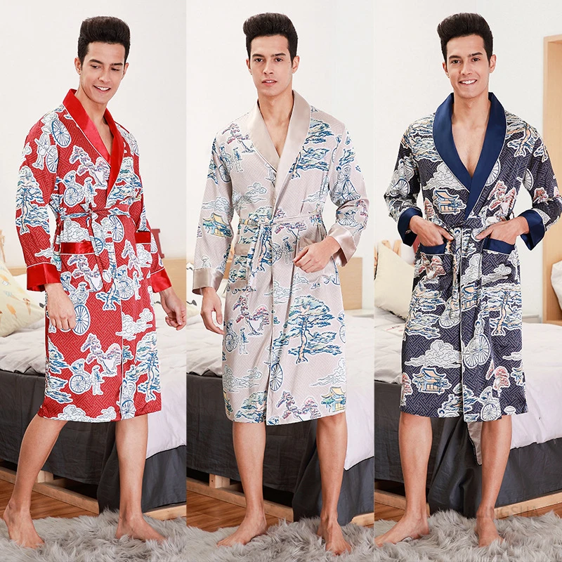 

Халат Мужской Атласный с отложным воротником, шелковый халат с длинным рукавом, с принтом дракона, домашняя одежда, пижама-кимоно, лето
