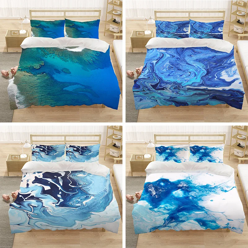 

Home Textile Quilt Cover 3 Pcs Marble Bedding Set Blue Oil Painting Design Artwork Watercolor Super Soft Duvet Cover Pillowcase