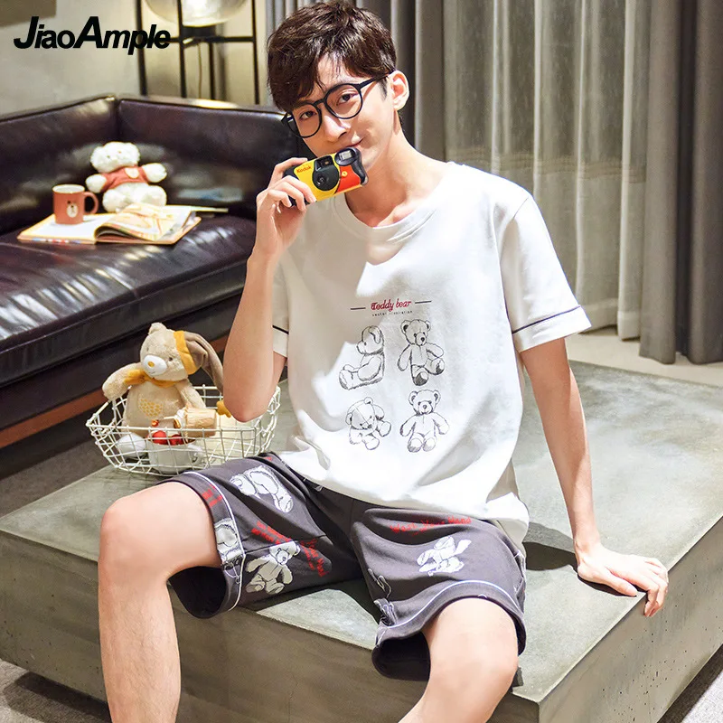 2022 New Cotton Pajamas Men's O-Neck Short-Sleeved Pyjamas Suit Summer Thin Casual Sleepwear Nightie Boy Home Clothes