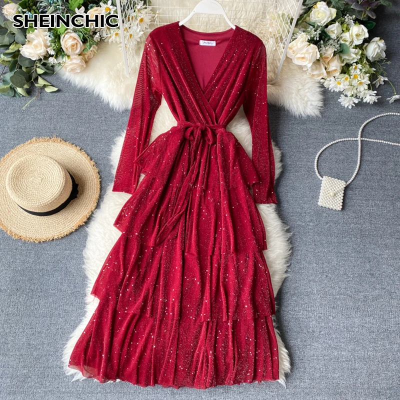 Весна Осень 2020 Каскадное женское платье миди с рюшами элегантное яркое шелковое