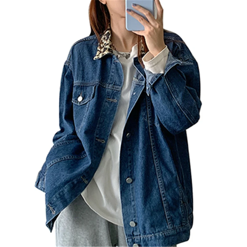 

Leopard Collar Loose Denim Jacket Autumn Winter Korean Casual Single Breasted Jean Coats Female Fashion BF Harajuku Jeans Coat