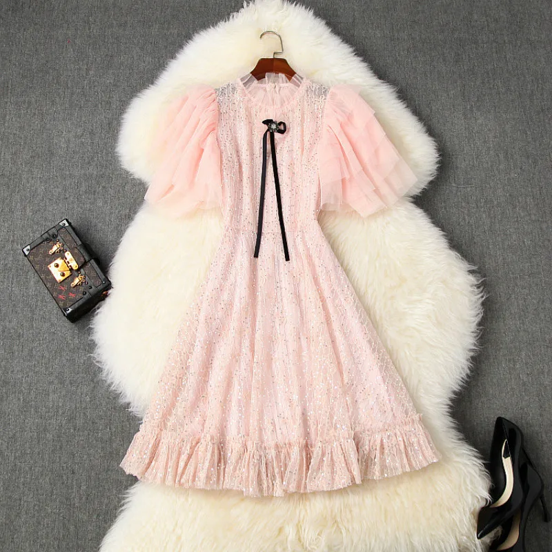 

Short Party Dress Summer Ladies New Stand Collar Butterfly Sleeves Bow Mesh Lovely Fairy Pink Dress Above The Knees S-XL
