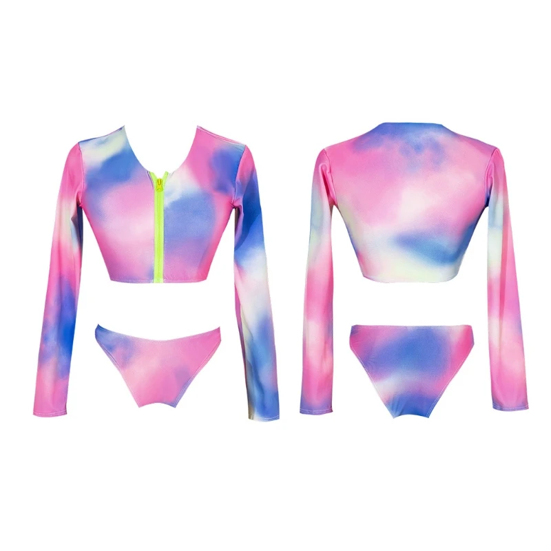 

Women 2pcs Tie-Dye Bikini Set Long Sleeve Zipper Front Crop Top Thong Swimsuit 24BD