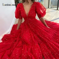youthful red prom dresses 2020 tulle v neck puffy short sleeve long evening dress a line formal party gown vestido de festa
