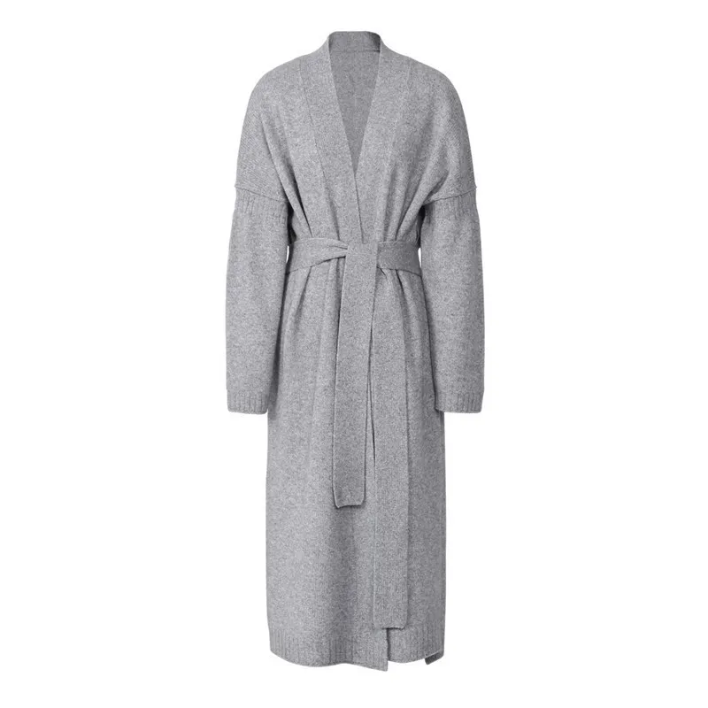 

2020 Women Autumn Winter Long Wool Sweater Sashes Open Stitch Batwing Sleeve Knitted Cardigan Coat Split Hem Jacket