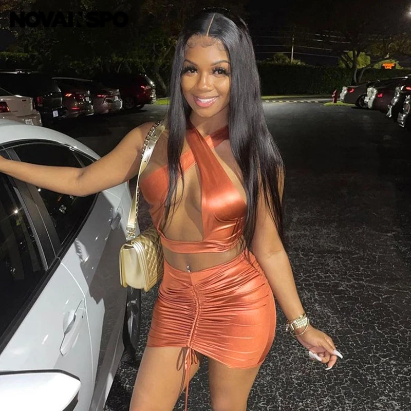 

NOVAINSPO Drawstring Criss Cross Club Women 2 Piece Sets Cropped Halter Top And Ruched Skirt Co-ord Outfits Summer Set Baddie