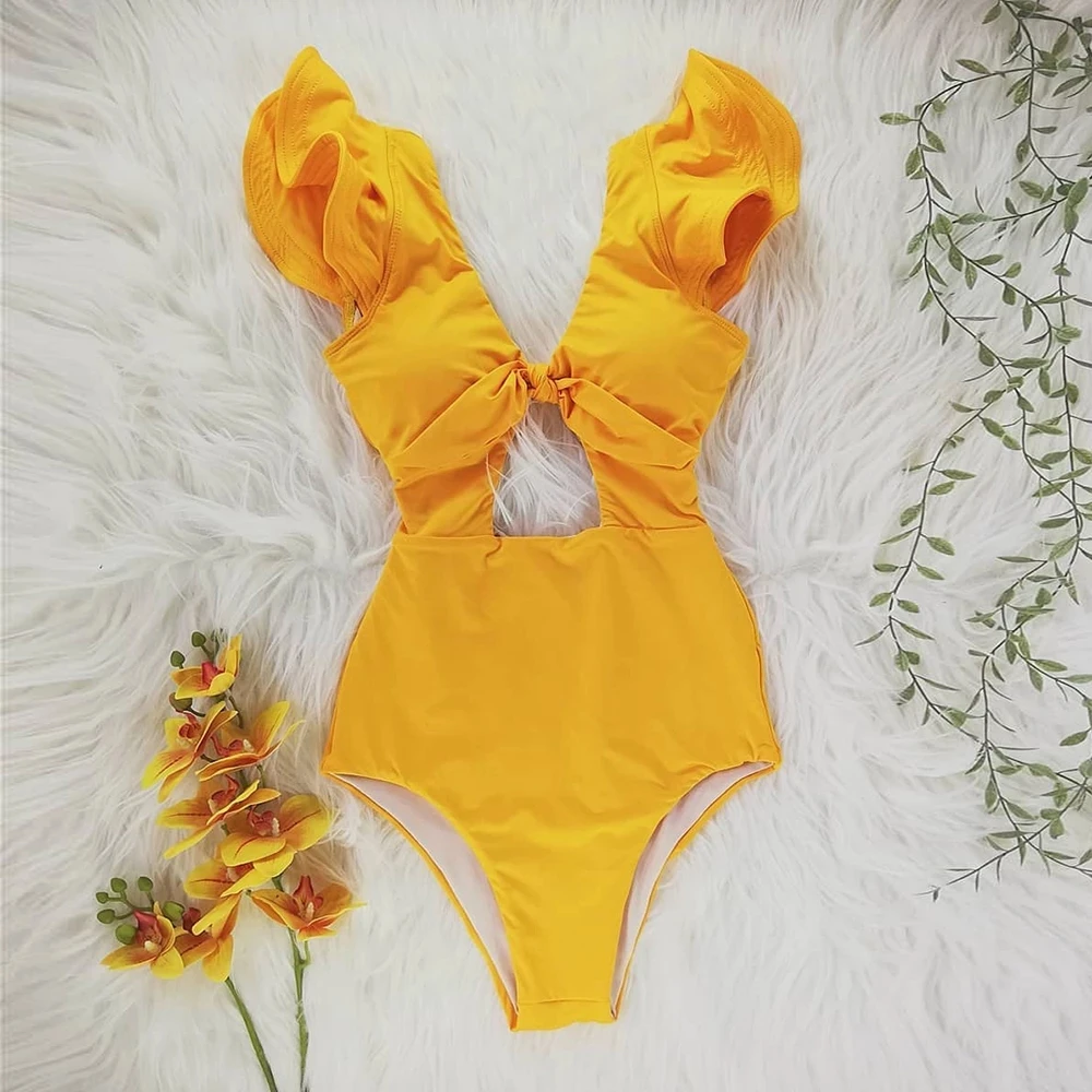 

2021 New Print Swimwear Deep V-neck Ruffle Swimsuit Push Up One Piece Swimsuit Beach Wear Backless Monokini