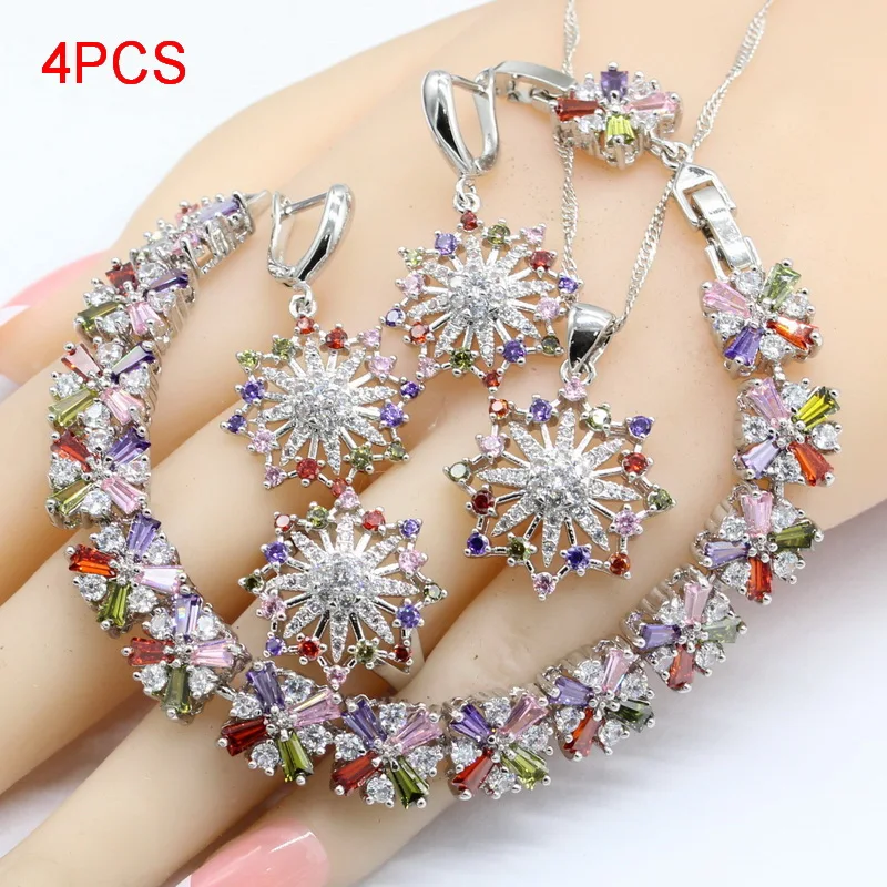 4PCS Разноцветные кубические циркония 925 Серебряные Ювелирные наборы для женщин серьги браслет кольца ожерелье кулон - Окраска металла: 4PCS