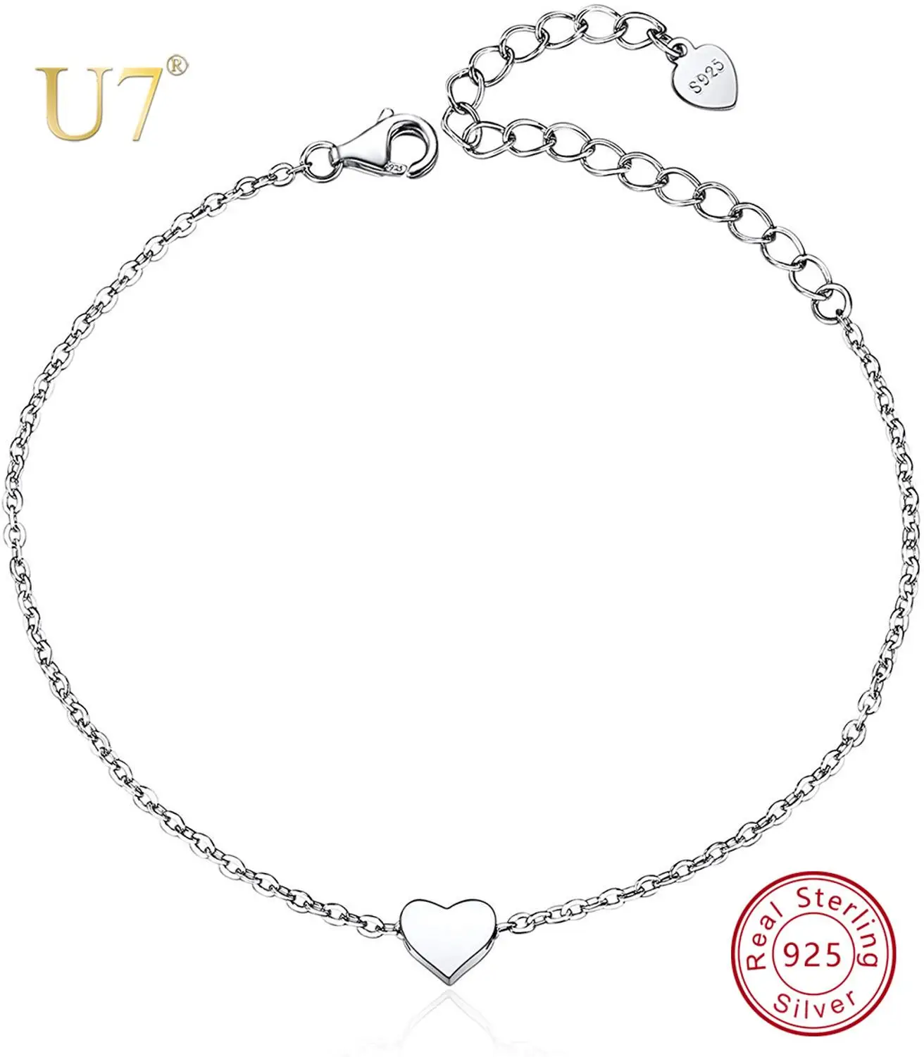 

U7 925 Sterling Silver Minimalist Heart/Star/Moon Anklet Bracelet Couple/Lover/Girlfriend Jewelry Gifts for Women Girls SC294