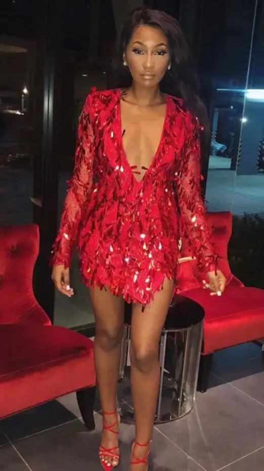 

High Quality Women Red Long sleeve Mini Deep V Neck Sequined Sexy Evening Party Dress