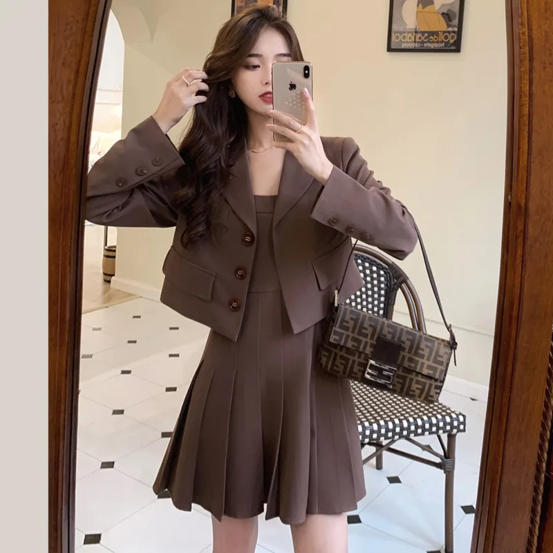 

2020 New two piece set women Vintage Solid Blazers+ Pleated Sexy spaghetti strap Mini Dresses 2 piece set womens outfits clothes