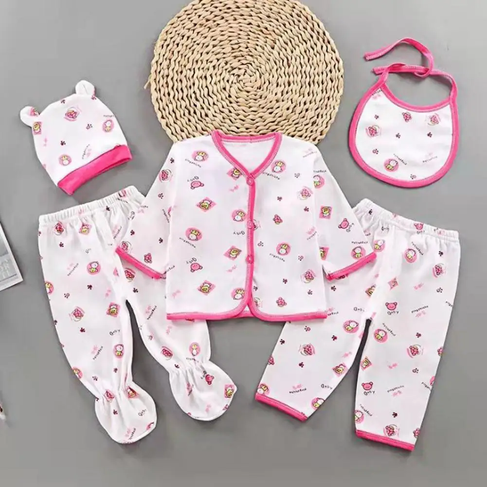 5 unids/set beb&eacute; Unisex ropa de personaje de dibujos animados de impresi&oacute;n de algod&oacute;n transpirable suave de los ni&ntilde;os Tops sombrero pantalones babero traje de ropa para reci&eacute;n nacido-0
