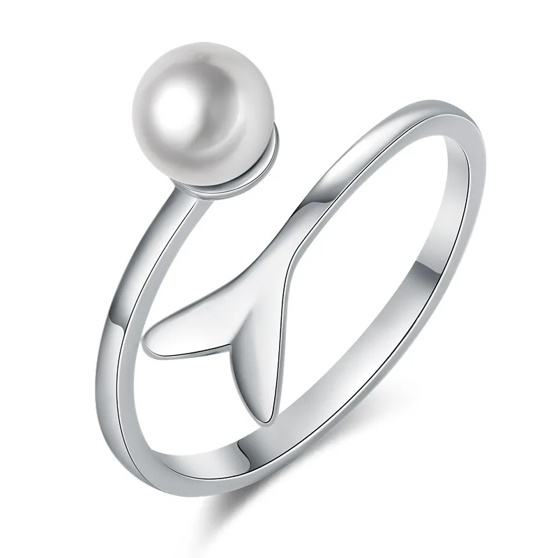 

Korean Simple Imitation Pearl Fishtail Women Ring Stainless Steel Rose Gold Elegant Ladies Temperament Ring Wedding Gift Jewelry