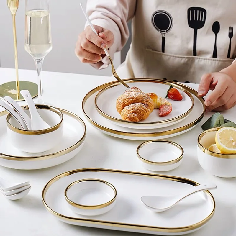 Белые фарфоровые тарелки для Еда столовый набор посуды салат керамическая миска