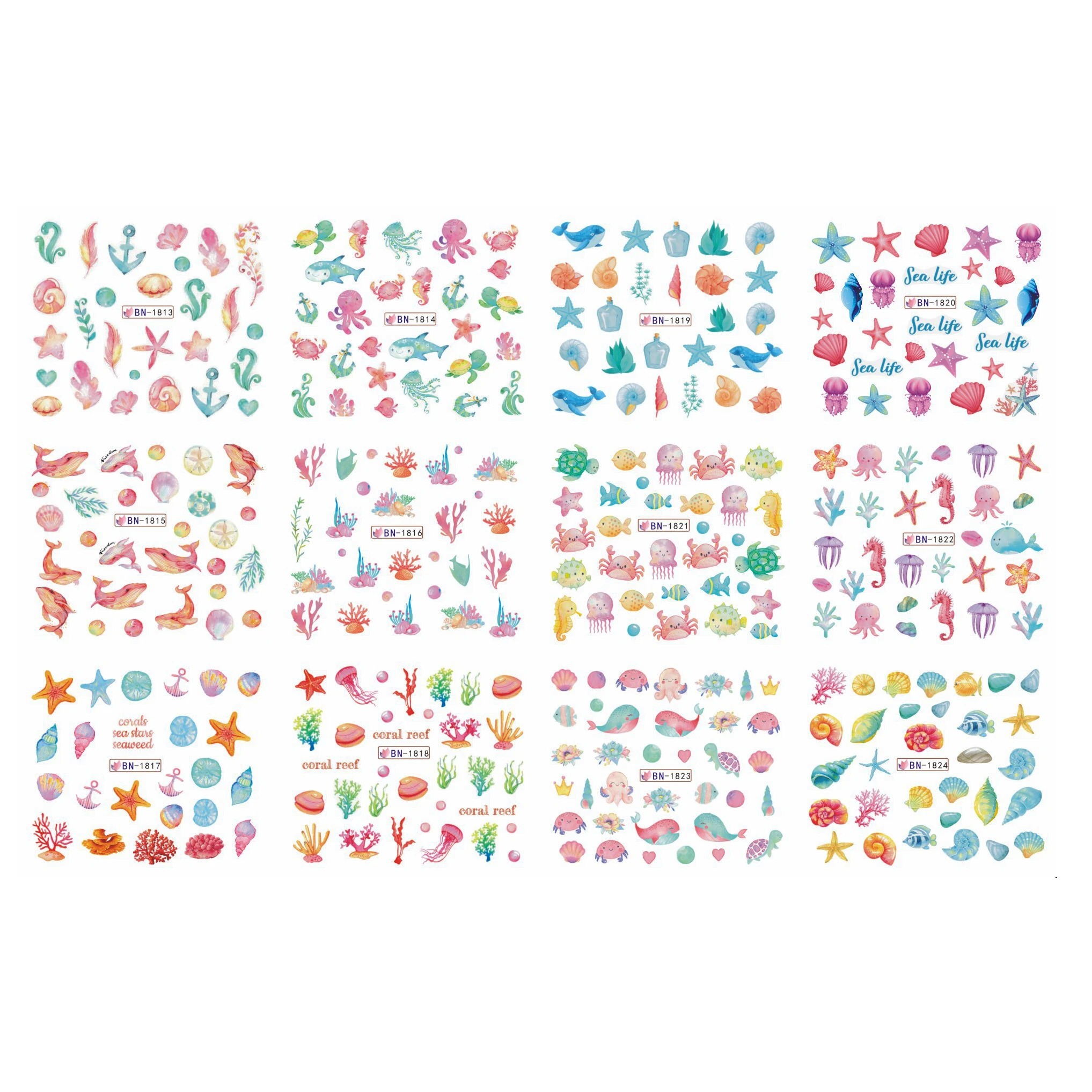 

UPRETTEGO 12 упаковок/LOT дизайн ногтей Красота воды Наклейка ползунок виниловые наклейки на стену с рисунком "Фрукты Морской Рыбы черепаха BN1813-1824