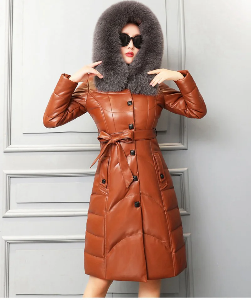 

Genuine Sheepskin Leather Suede Down Parkas Coat Jacket Fox Fur Hoody Autumn Winter Women Warm Outerwear Coats Plus Size LF9101