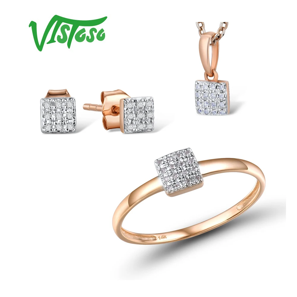 VISTOSO-Conjunto de joyas de oro rosa 585 para mujer, juego de colgante, pendientes y anillo, oro de 14 quilates, 14K, diamante cuadrado, joya fina