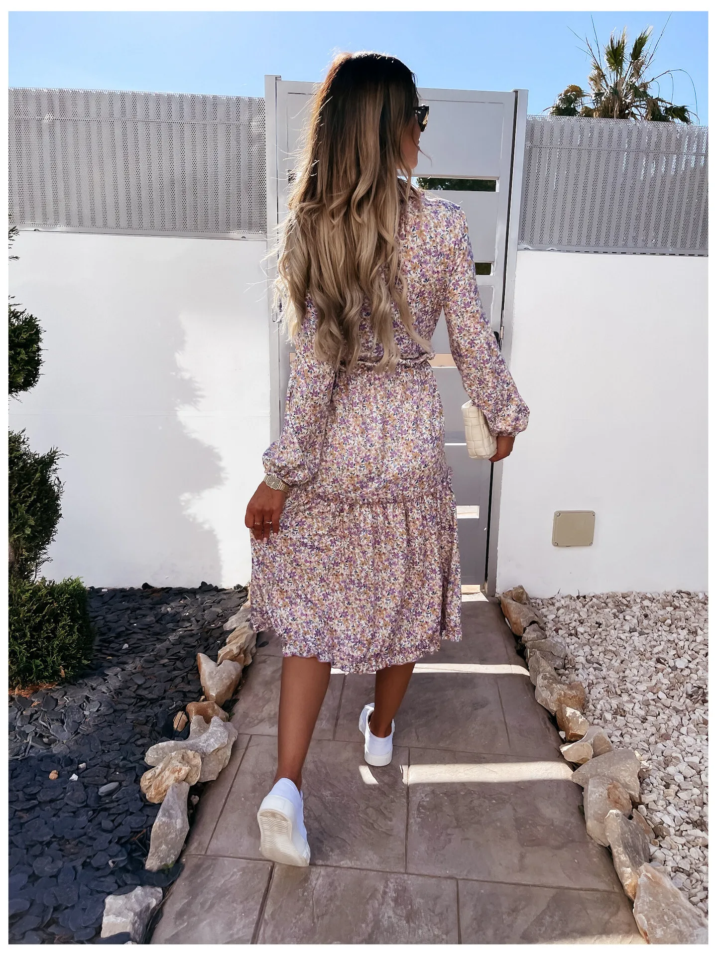 

Clothing Women 2021 Spring and Summer New Retro Dress Digital Printing Small Fresh Vestidos Nine-point Sleeve Sweet Lace Dress