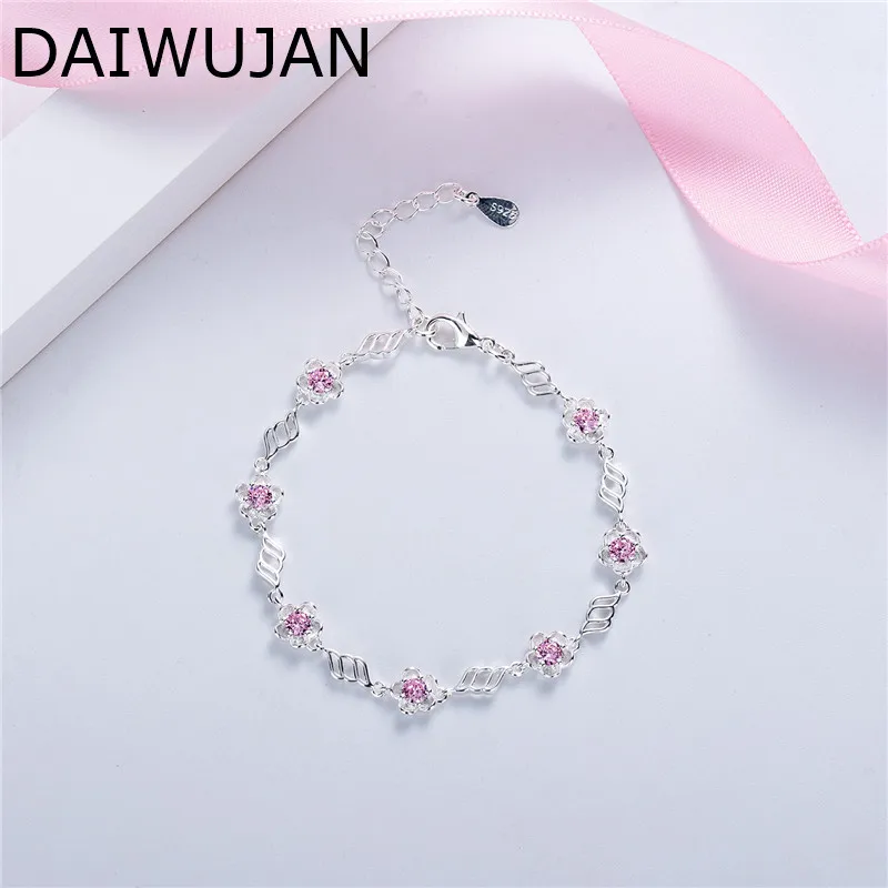 

DAIWUJAN Sweet Pink Zircon Sakura Flower Charm Bracelets For Women INS Silver Color Women's Bracelet Wedding Party Jewelry