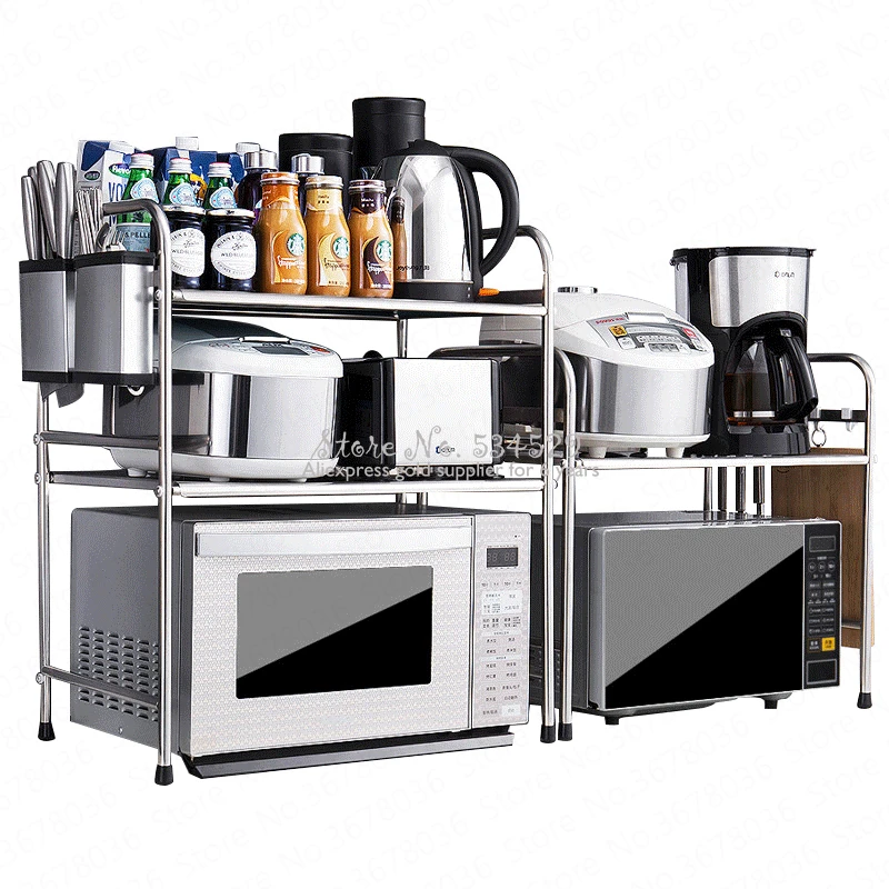 

29%304 High Quality Stainless Steel Kitchen Rack Microwave Oven Rack 3 Layer Electrical Oven Shelf Double Utensils Storage