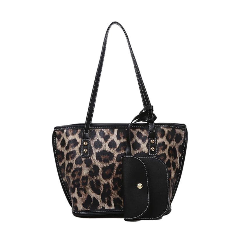 

Leopard Print Women's Large Handbag Shoulder Bag Fashionable PU Shopping Bag with Small Wallet, Card Holder, ID Bag