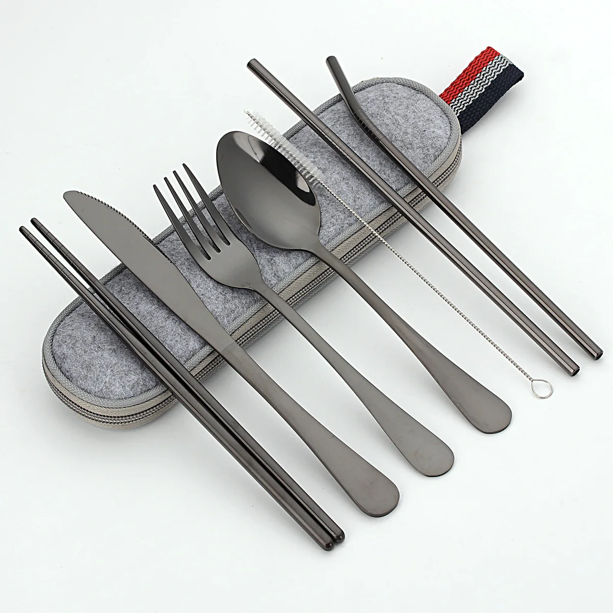 Utensili riutilizzabili stoviglie Set di posate portatili da viaggio in acciaio inossidabile con coltello forchetta cucchiaio bacchette di paglia pennello Faltware