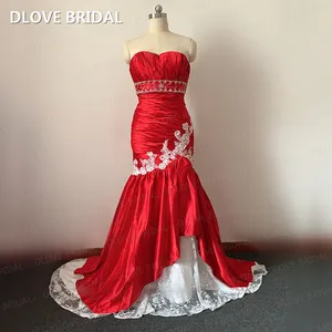 Vintage Red Satin White Lace Mermaid Wedding Dress Sweetheart Bridal Gown with Beadings Vestido De Novia
