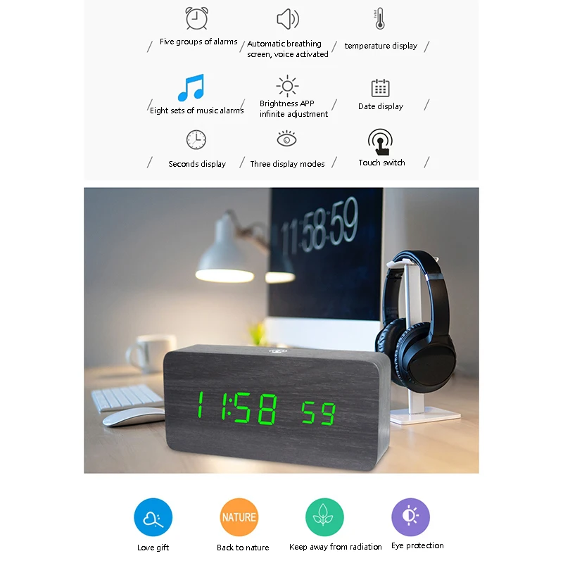 

LED Wooden Alarm Clock Voice Control Digital Wood Desktop USB Powered Clocks Table Decor