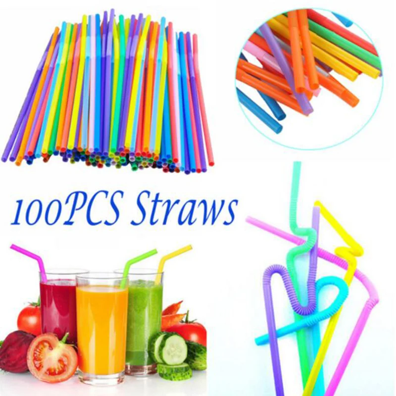 

100Pcs Disposable Plastic Drinking Straws Multi-Colored Striped Bendable Elbow Drink Milk Tea Straws Party Event Supplies