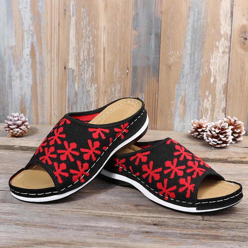 

Women Sandals Knitted Mesh Orthopedic Slippers Open Toe Wedges Female Vintage Low Heels Platform Slides Sponge Walking Shoes
