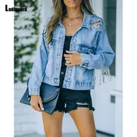 ladiguard retro blue tassel denim jacket girls streetwear 2021 single breasted top ripped jean outerwear women shredded jackets