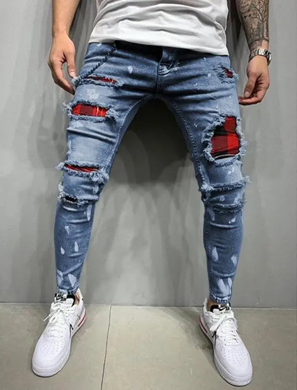 

New men's perforated printed jeans heel elastic leg jeans