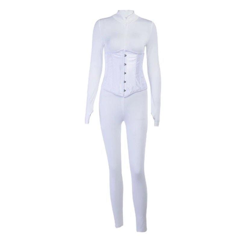 

Women 2Pcs Long Sleeve Turtleneck Half Zipper Jumpsuit with Lace-Up Corset Set M5TE