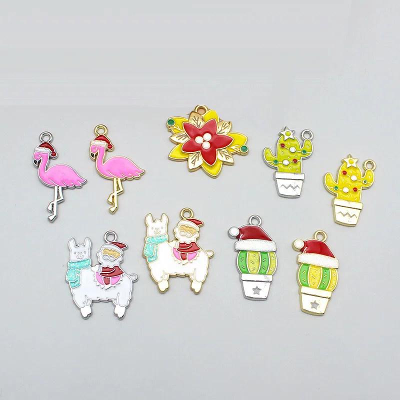 

5 шт./лот эмалированная Рождественская шляпа, подвески в виде фламинго, кактуса, альпаки, подвеска «сделай сам», ожерелье, серьги ручной рабо...