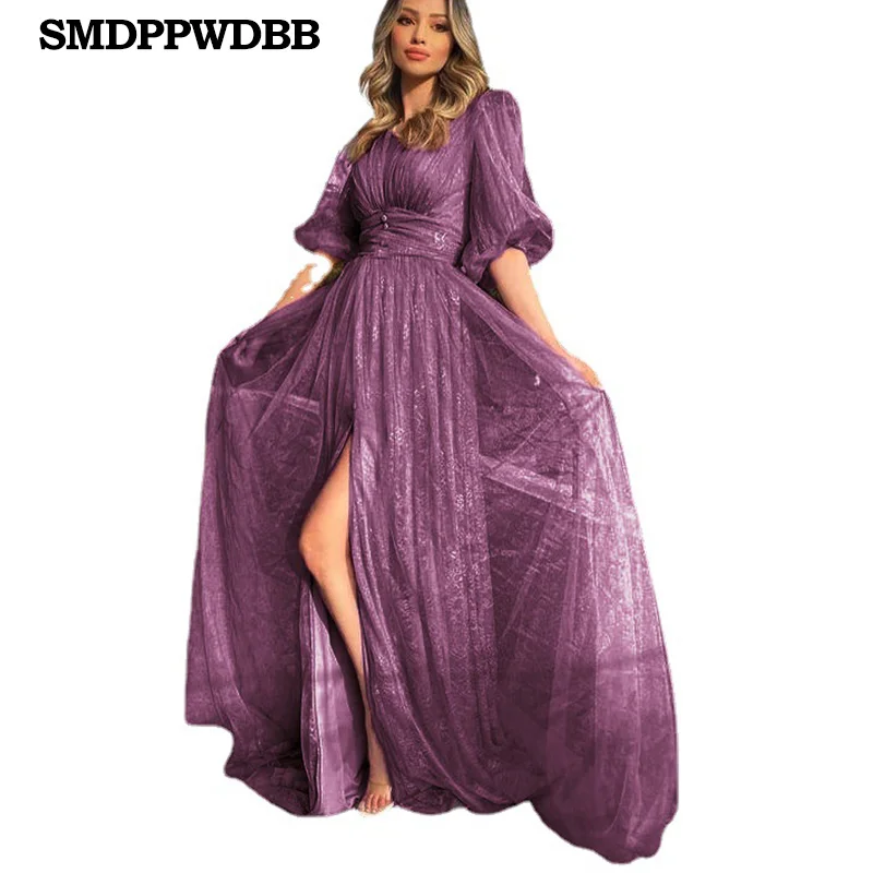 Женское платье темпераментное фиолетовое кружевное вечерние платья с глубоким V