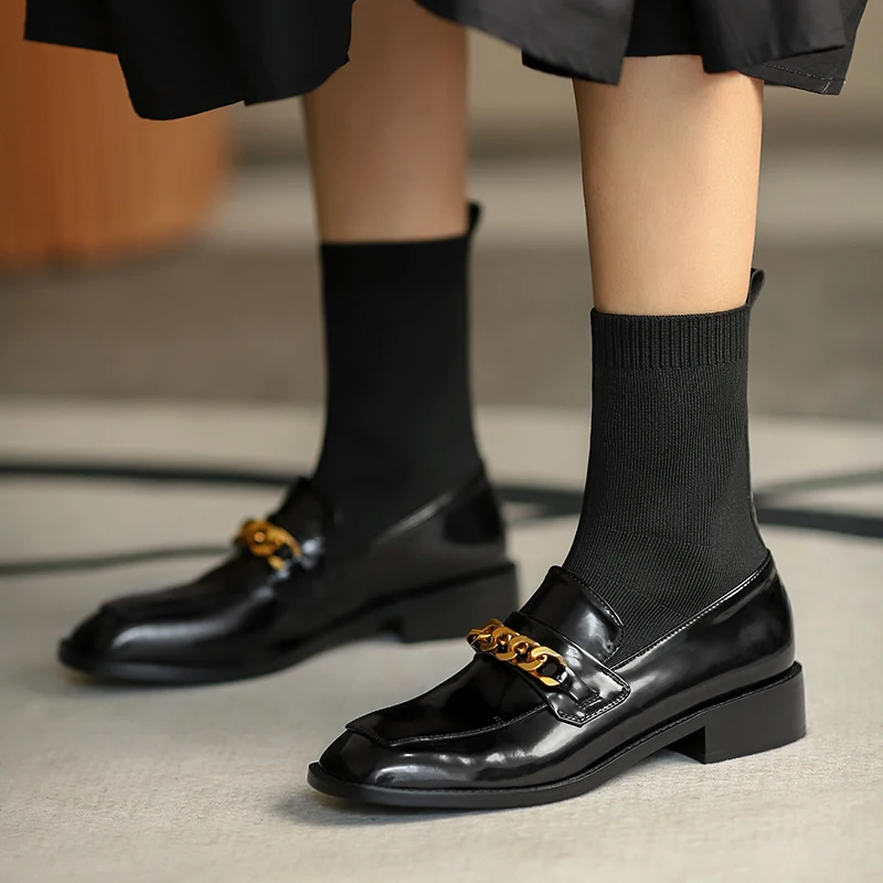 

Women's genuine leather Stretch knit patchwork slip-on flats ankle boots autumn casual short boots chain decoration casual shoes