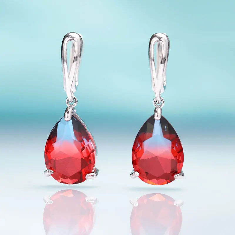 silver Gradient red MAIKALE New Water Drop Gradient Blue Long Earrings Women Fashion Rose Gold Fine Jewelry Tourmaline Zircon Glass Dangle Earrings - Окраска металла: silver Gradient red