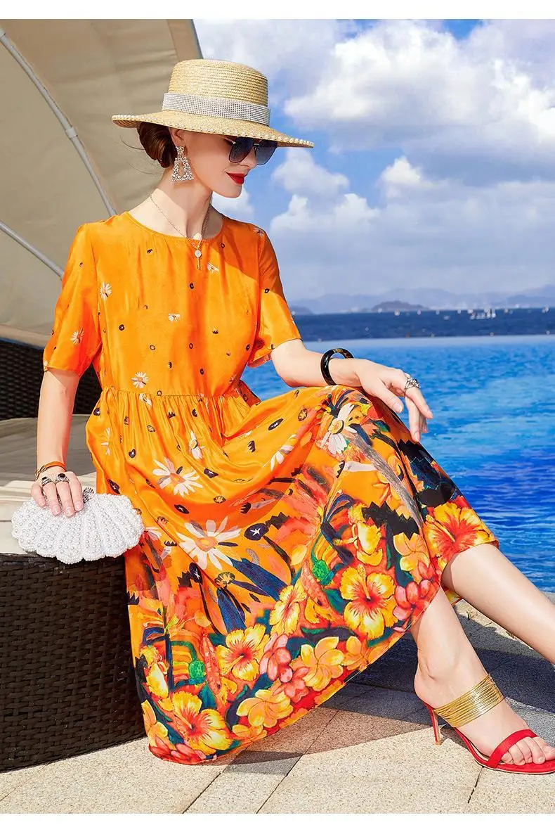 

2021 New Summer Women Fashion Casual O-Neck Streetwear Dresses Lady Silk Floral Print Dress Elegant Loose Plus Size Vestidos B31