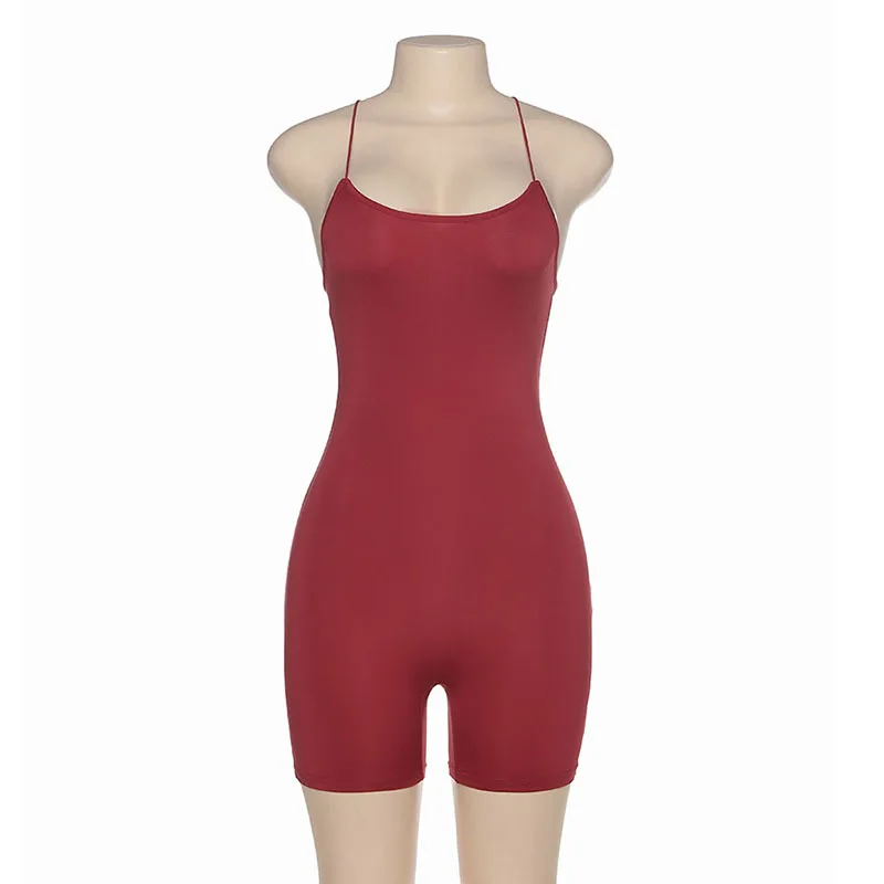 Sling Jumpsuit Playsuit Skinny Cross Straps Sexy Open Back Slim Fit Push Up Bodysuit Pants Sets Casual Shorts Sportswear Women