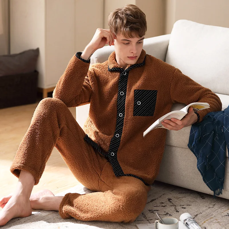 Pajamas Sets Men's Lamb Cashmere New Autumn Winter Thickened Warmth Loose Home Clothes Coral Velvet Sleepwear Lounge Nightwear