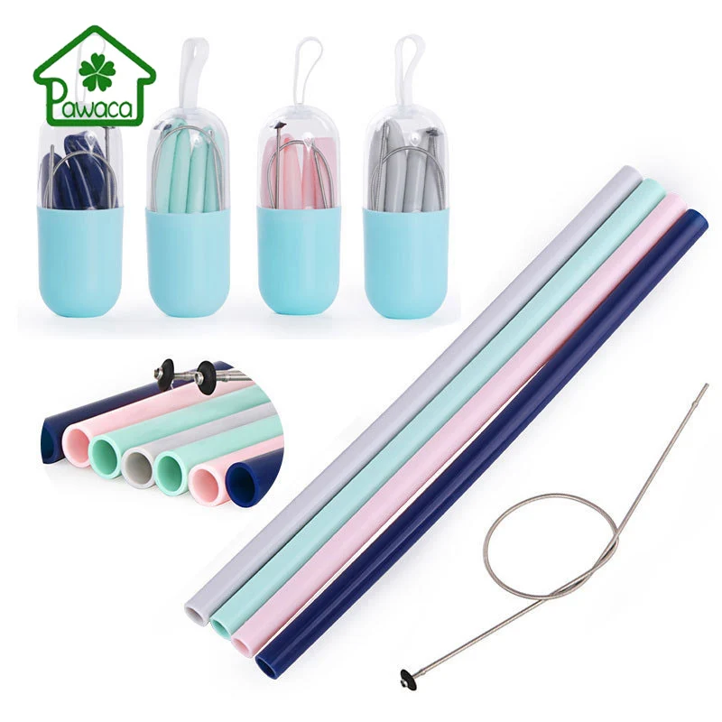 1Pc Reusable Food Grade Silicone Straws Foldable Drinking Straw With Cleaning Brush Storage Box Dust-proof Kid Adult Party Straw