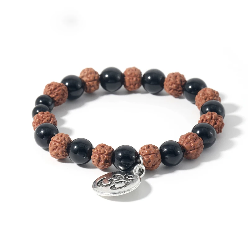 Rudraksha и черный оникс Йога Эластичный веревочный браслет мужской женский