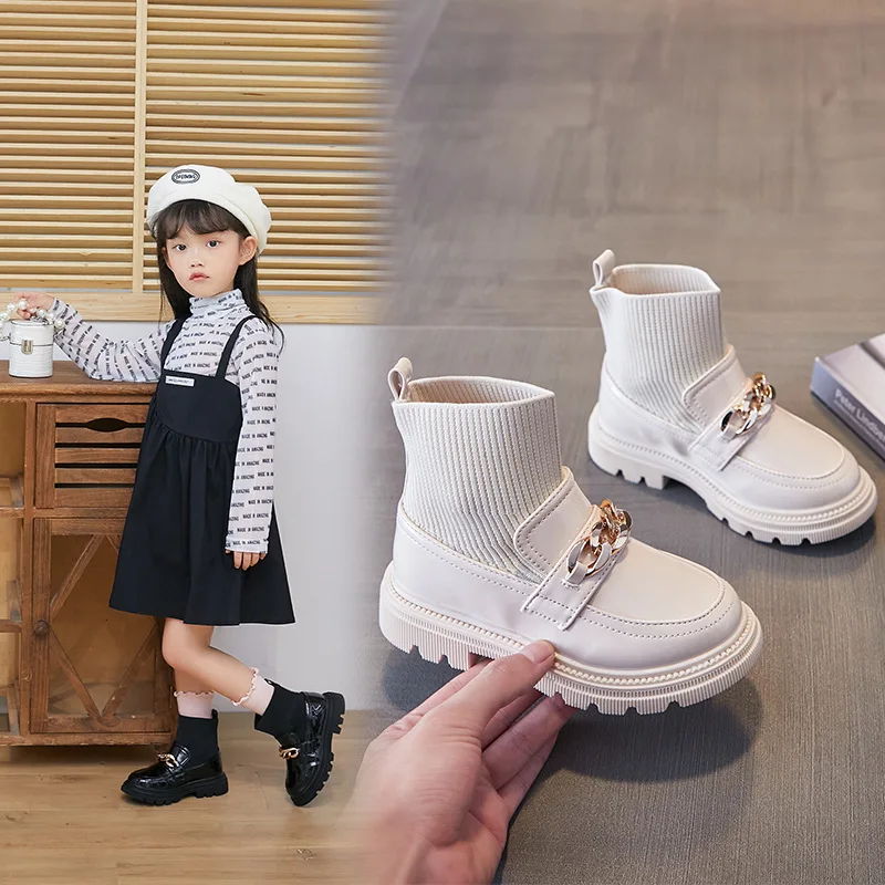Girls Boys Fashion Boots New Autumn Children's Tide Breathable Short Boots Leather Knitting Patchwork Slip On Kids Shoes G176