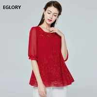 Plus Size Blouses 2020 Summer Fashion Red Tops Women Sexy Square Collar Exquisite Embroidery Half Sleeve Elegant Blouses 50s 60s