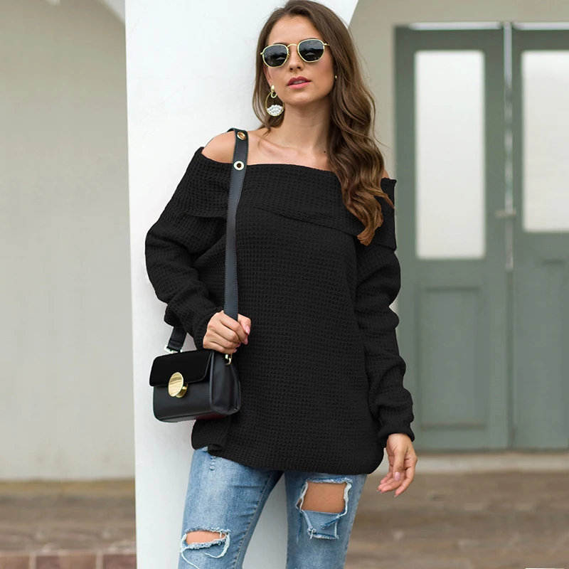 2019 Autumn Winter Off Shoulder Sweater Women Knitted Sweaters Ladies Warm Female Sexy Loose Black Pullovers | Женская одежда