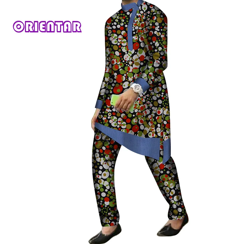 1 2 Pieces Set Men African Clothes Long Sleeve Shirt and Pants Traditional African Bazin Riche Print Dashiki Suit Trousers WYN844 - Цвет: 1