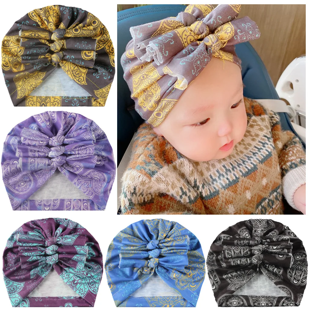 

Baby Headband Hat Bowknot Print Cotton Stretchy Turban Headband Infant Head Wrap Beanie Hat Girls Headwear Baby Hair Accessories
